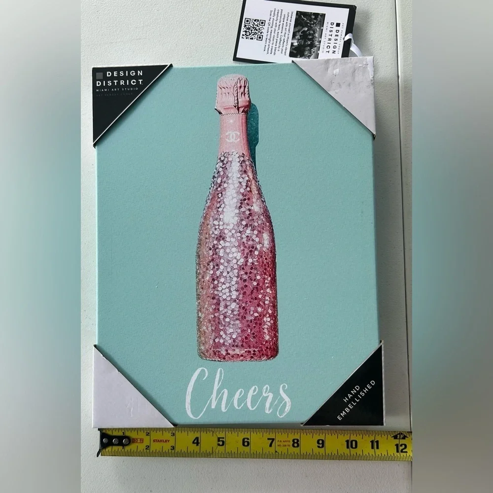NEW!District Cheers Canvas Art - Chanel Pink & Green Wine Bottle-Wood Doughnut